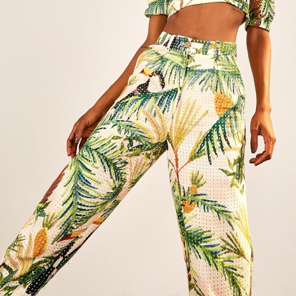 FARM RIO Toucan Paradise Eyelet Pants size XS tropical vacation - Picture 1 of 11